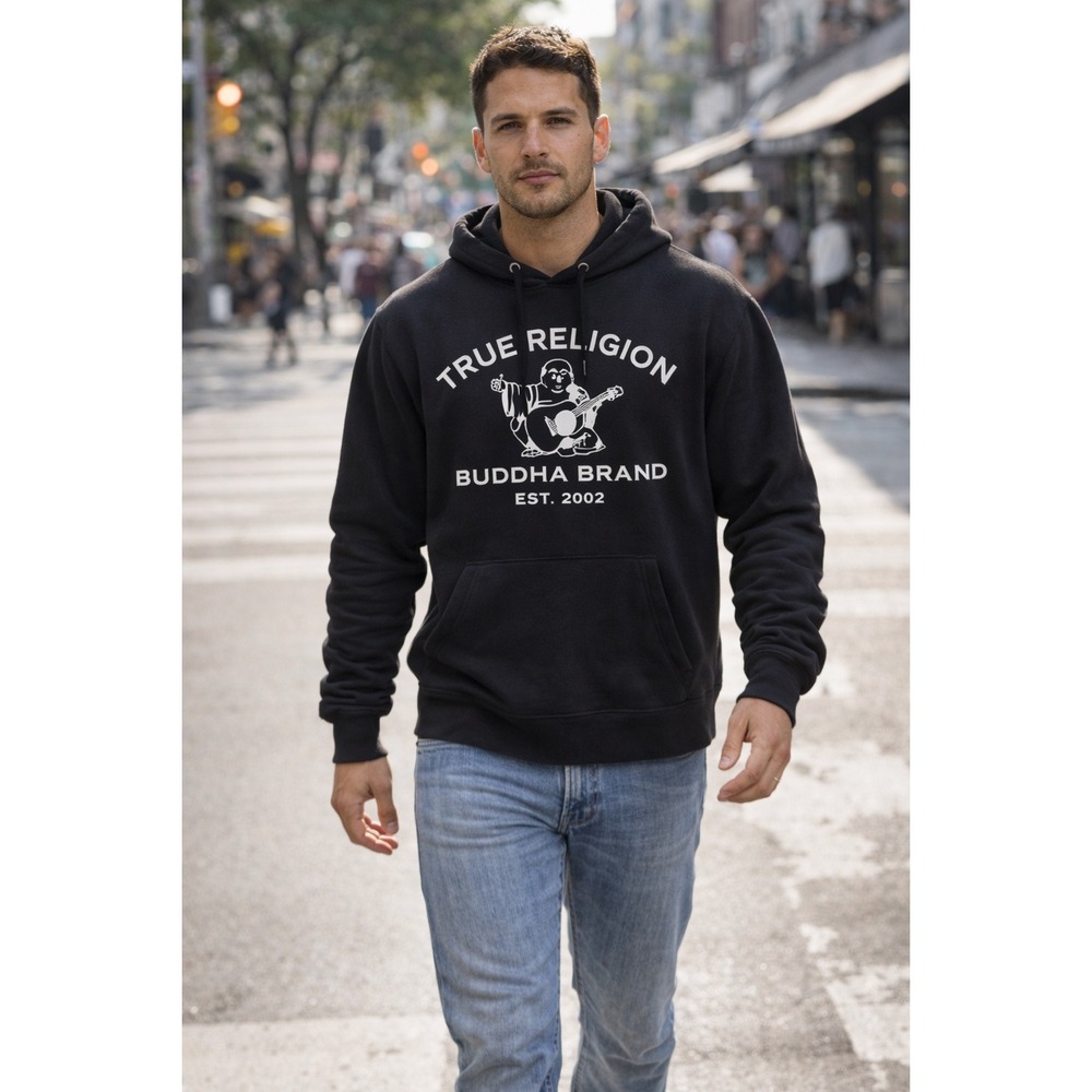 True Religion Buddha Brand Black Hoodie Sweatshirt Est 2002 Mens Size XL